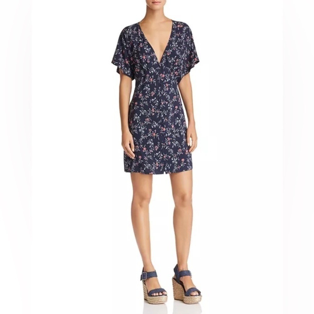 PAIGE Navy‎ Floral Print V Neck Flutter Sleeve Wrap Dress Size S